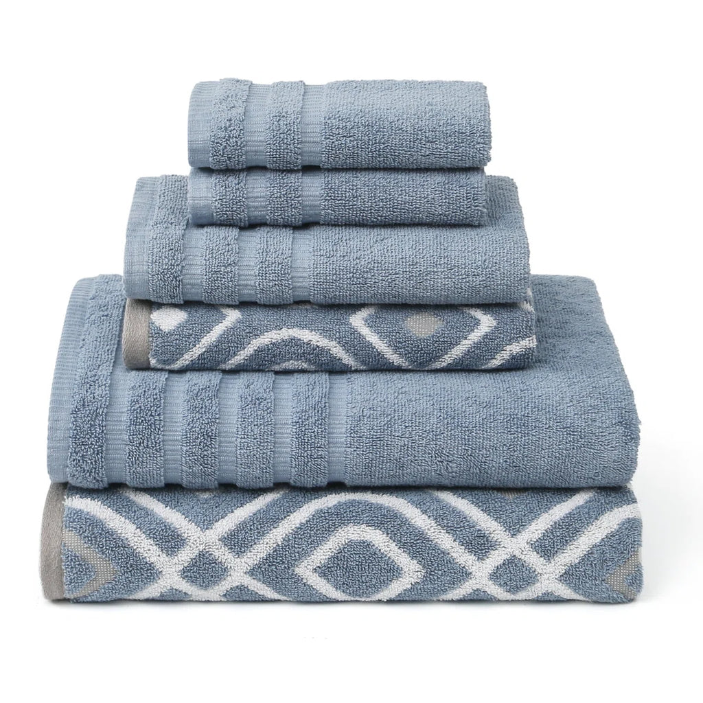 Modern Threads Oxford 6-Piece Yarn Dyed Jacquard & Solid Towel Set – 100% Cotton, Quick Dry & Absorbent Bath, Hand & Washcloths