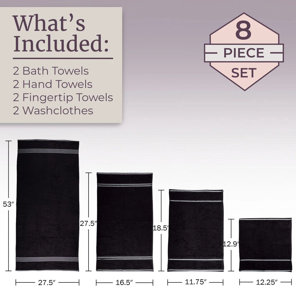 8PC Towel Set - 575GSM 100% Cotton Bathroom Essentials with 2 Bath Towels, 2 Hand Towels, 2 Washcloths, and 2 Fingertip cloths- Absorbent Sheets for Bath, Gym, Dorm and Spa by Lavish Home